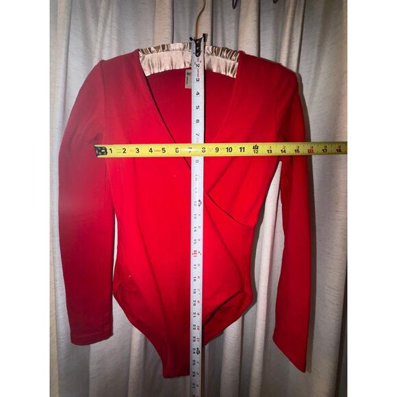 American Apparel Red Bodysuit M Cotton Long Sleeve Ballet Wrap Made USA Holiday - Picture 9 of 11